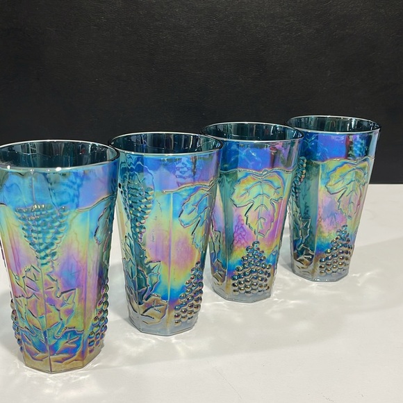 Indiana Glass Iridescent Blue Carnival Harvest Grape Tumblers Vintage Set of 4 - Picture 5 of 14